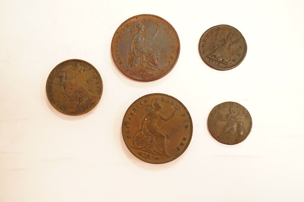 British copper coins;, Victoria, two pennies, 1858, good VF, dark toned, 1854, VF, dark toned, George III, halfpenny, 1773 and Isaac Newton farthing token, 1794
